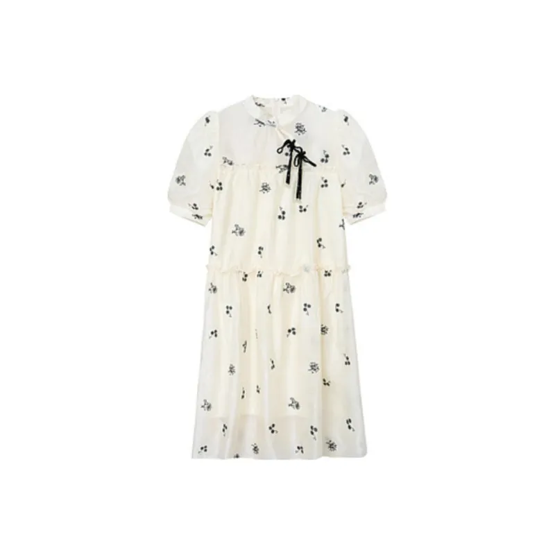 ZIHAN Short-Sleeved Dresses Women's Beige Base With Embroidery-0