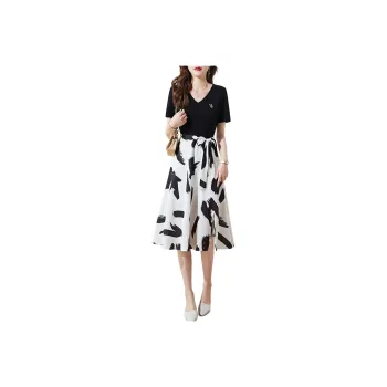 Mo Han Yi Mei Short Sleeved Dress Women's Black Top White Bottom