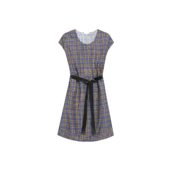THEORY Designer Co authored Collection Short Sleeved Dresses Women's Blue Gold Plaid