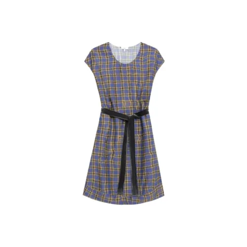 THEORY Designer Co authored Collection Short Sleeved Dresses Women's Blue Gold Plaid