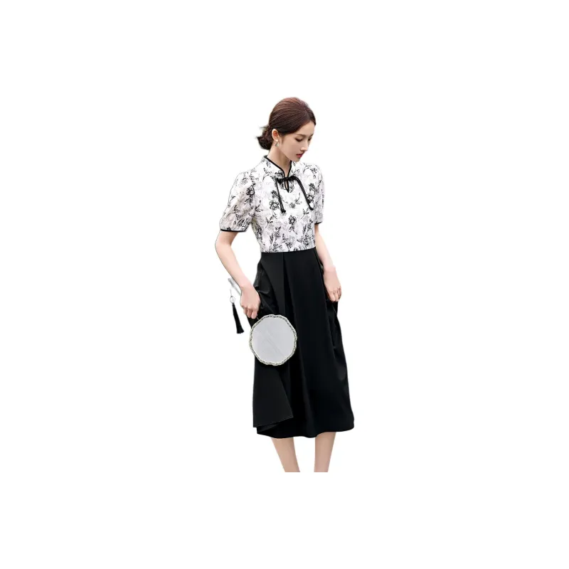 XWI Short-Sleeved Dresses Women's Beige Base With Black Flowers-0