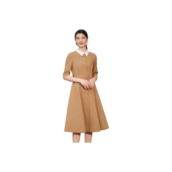 BBLLUUEE Short Sleeved Dress Women's Elegant Camel
