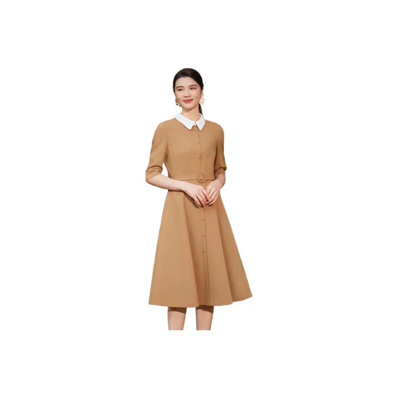 BBLLUUEE Short Sleeved Dress Women's Elegant Camel-0