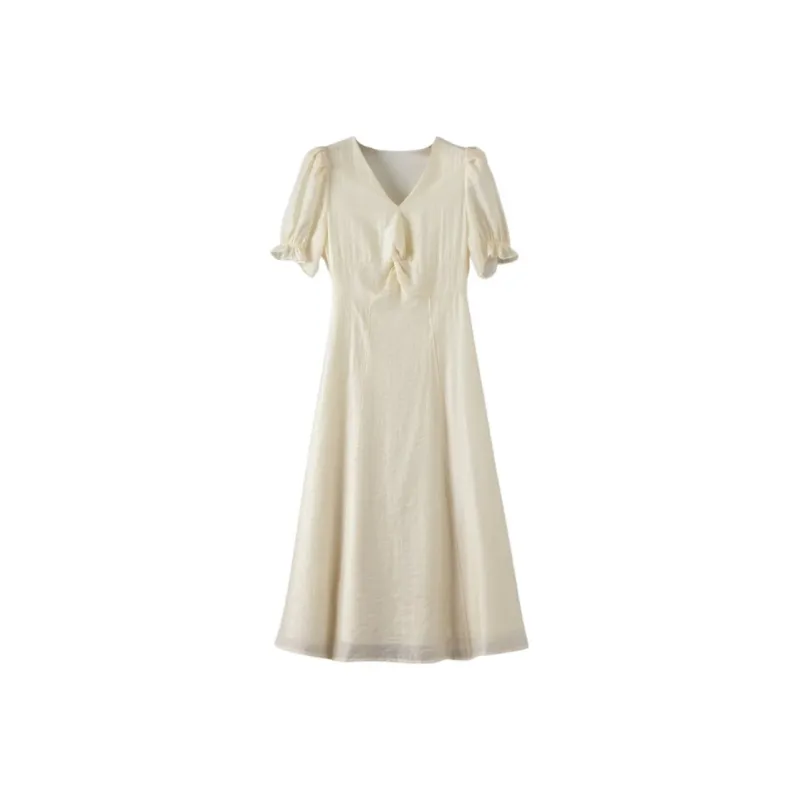 Late White Short Sleeved Dress Women's Yellow-0