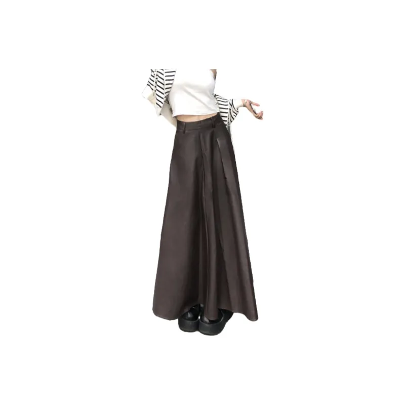 ZXZA Leather Long Skirts Women's Coffee-0