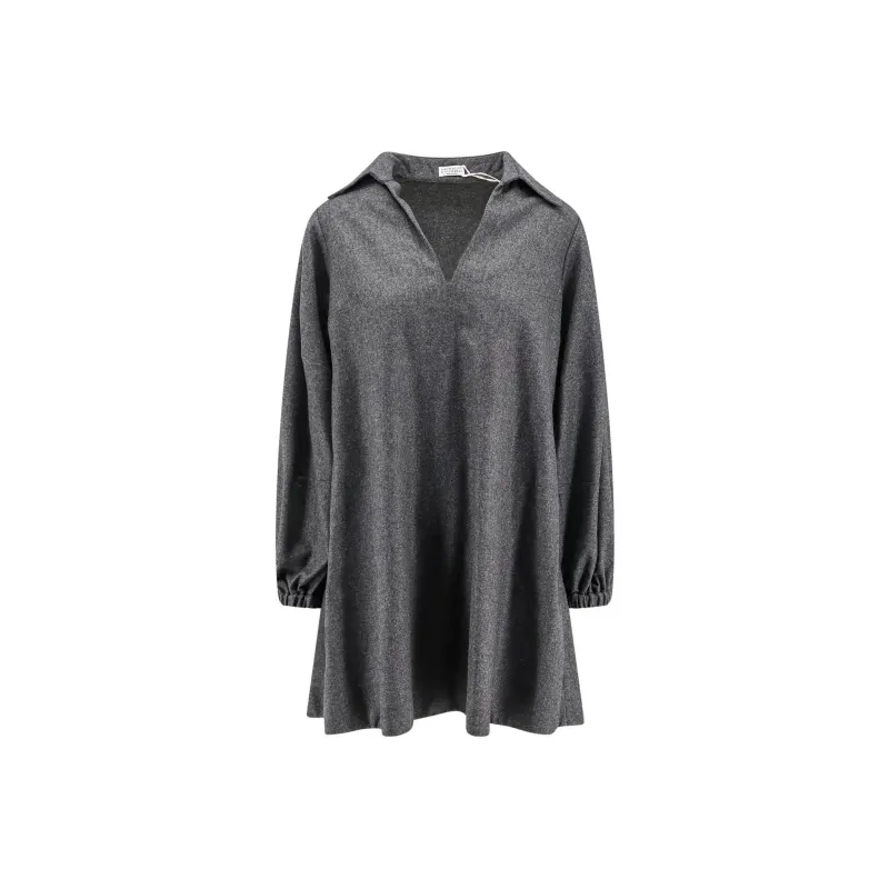 Brunello Cucinelli Long Sleeved V Neck Mini Dress-0