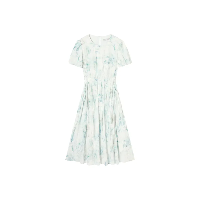 DIALOGUE Short Sleeved Dresses Women's Light Aqua Blue Print-0