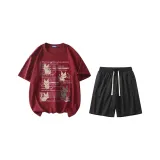 Two-Piece Set (Burgundy Top+Black Pants)