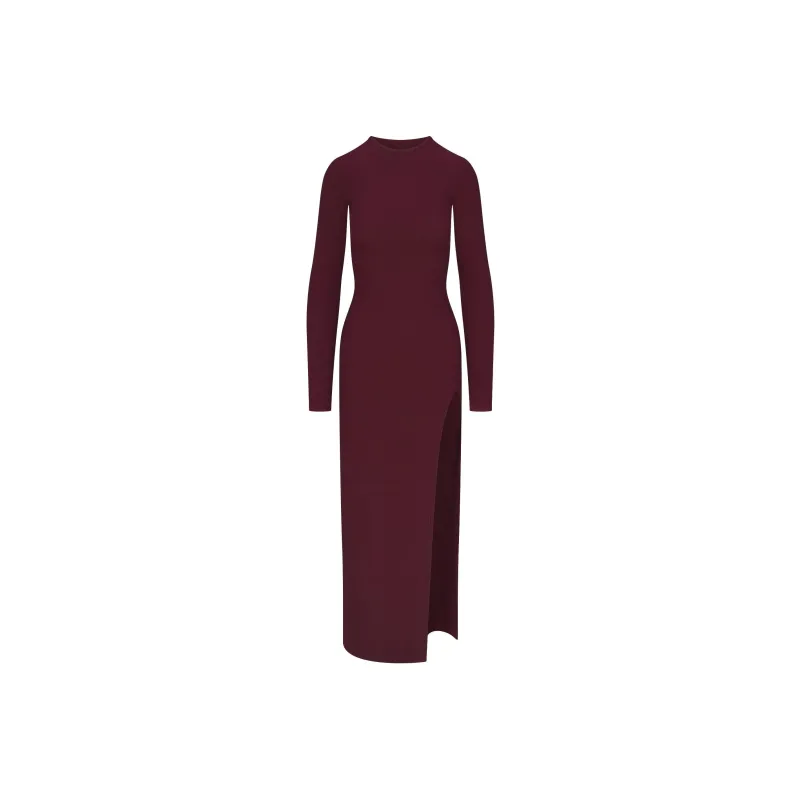 SKIMS FW24 SOFT LOUNGE LONG SLEEVE SLIT DRESS Long Sleeved Dresses Women's Bordeaux/Burgundy-0
