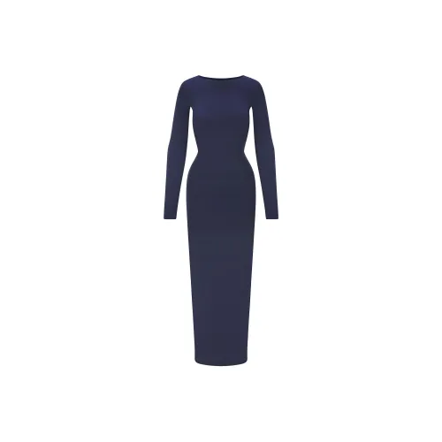 SKIMS FW24 FITS EVERYBODY LOW BACK LONG DRESS Long-Sleeved Dresses Women's NAVY/Marine Blue