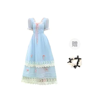 TORIGHT Short Sleeved Dress Women's Blue+Bowknot Hair Tie Comes With