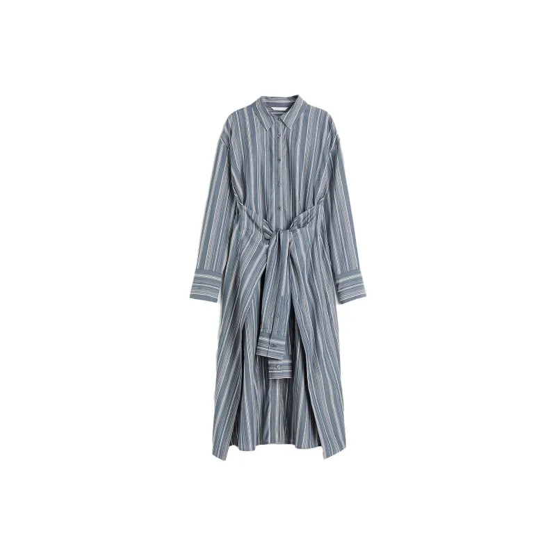 H&M Long Sleeved Dress Women's Blue Stripes-0