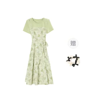 TORIGHT Short Sleeved Dress Women's Bamboo Leaf Green+Bowknot Hair Tie Comes With