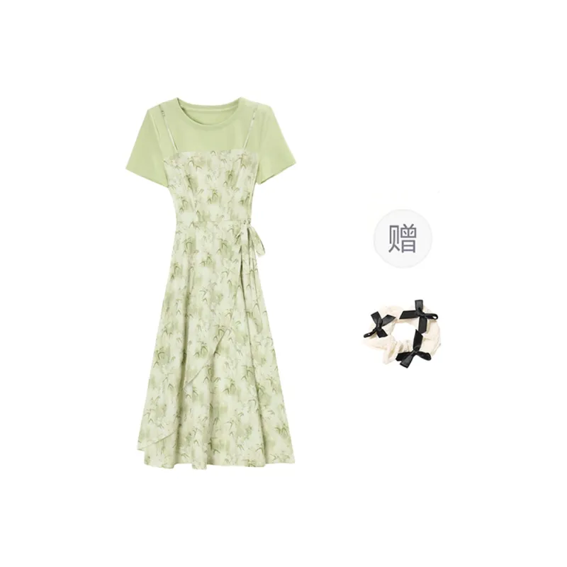 TORIGHT Short Sleeved Dress Women's Bamboo Leaf Green+Bowknot Hair Tie Comes With-0