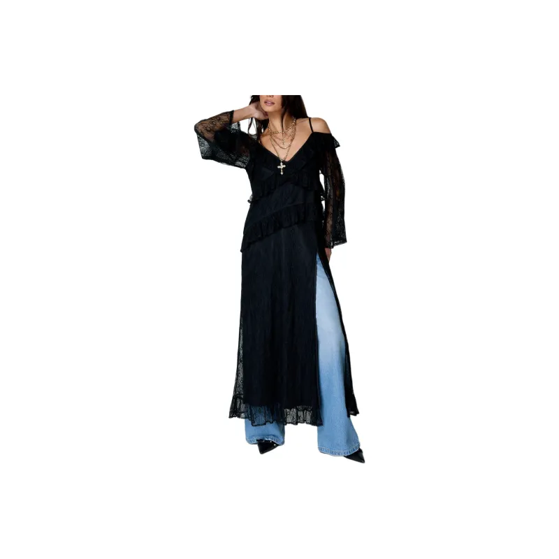NASTY GAL Lace Cold Shoulder Ruffle Split Volume Maxi Dress Long-Sleeved Dresses Women's Black-0
