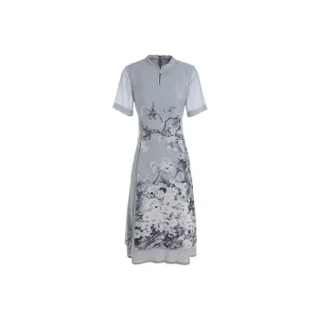 QIAOWANNI Short Sleeved Dress Women's Ink Wash Cherry Blossom