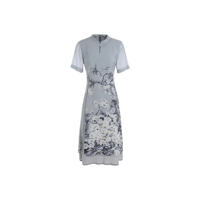 QIAOWANNI Short Sleeved Dress Women's Ink Wash Cherry Blossom-0
