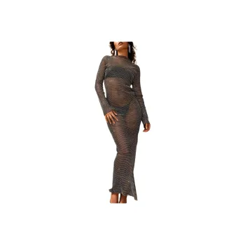 NASTY GAL Petite Diamante Fishnet Slash Neck Maxi Dress Long-Sleeved Dresses Women's Black
