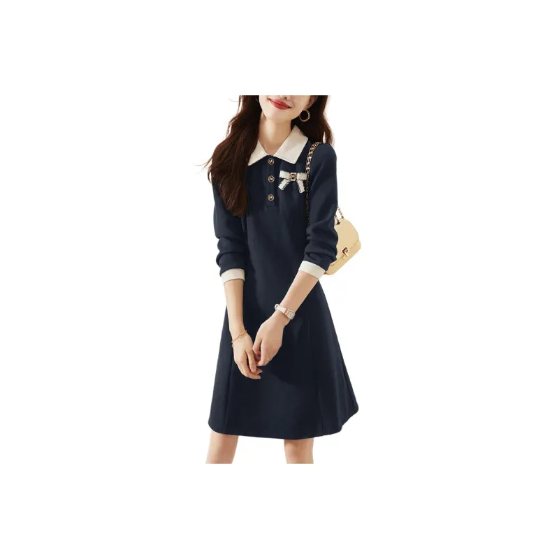 Mo Han Yi Mei Long Sleeved Dresses Women's Navy Blue-0