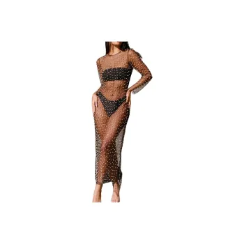 NASTY GAL Pearl Mesh Long Sleeve Maxi Cover Up Dress Long-Sleeved Dresses Women's Black