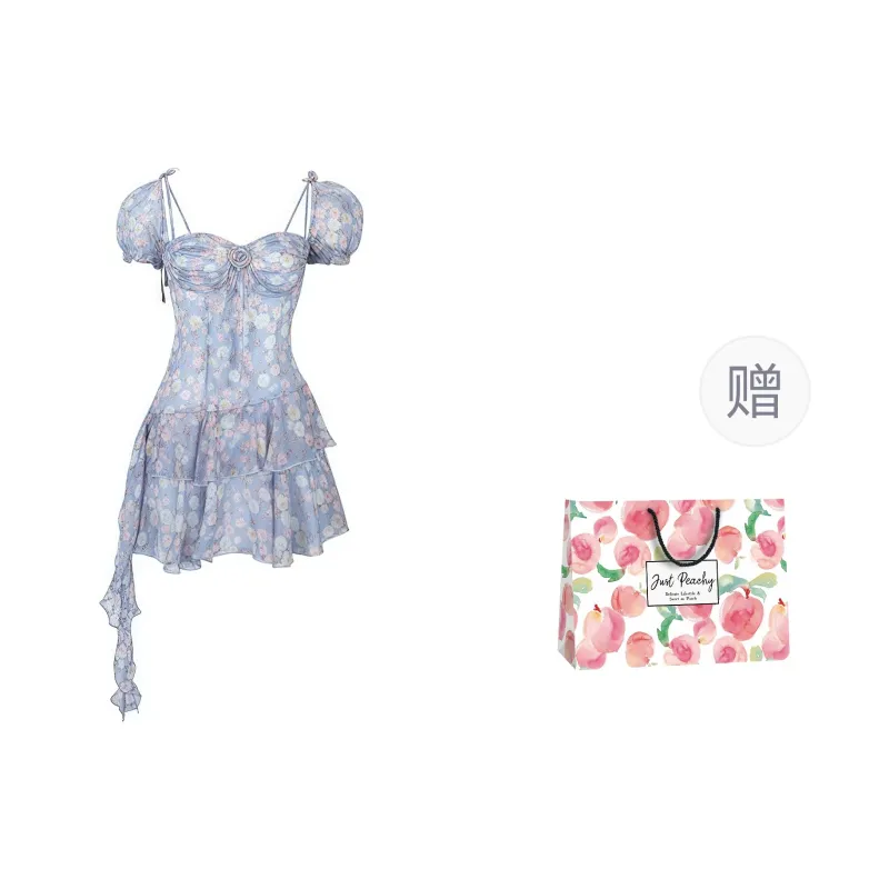 Qiuerle Short Sleeved Dress Women's Blue-7