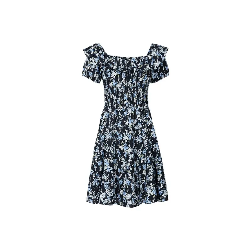 Hopeshow Short Sleeved Dress Women's Navy Blue Flower-0