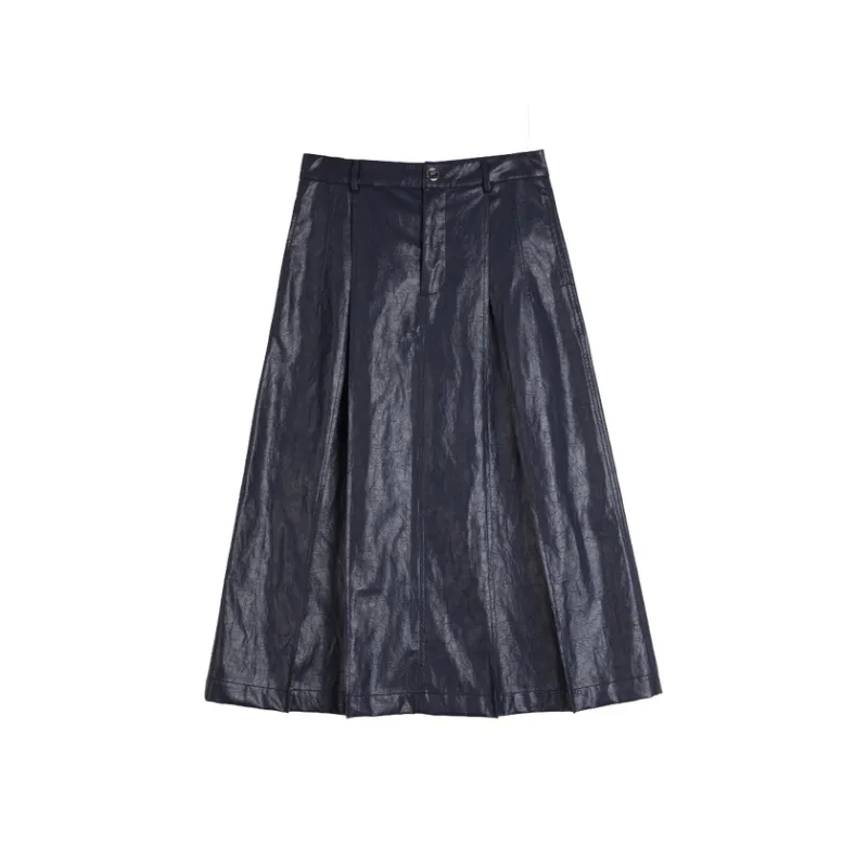 ELLE Leather Long Skirts Women's Navy Blue-0