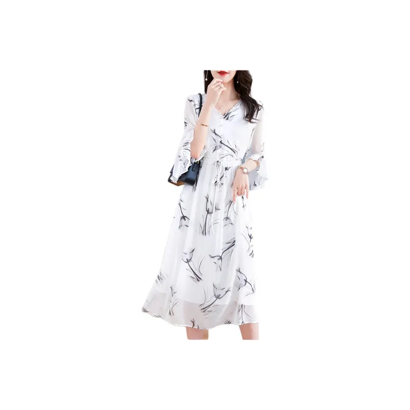 Yi Mengyuan Lace Up Silk Short Sleeved Dress Women's Multicolor-0