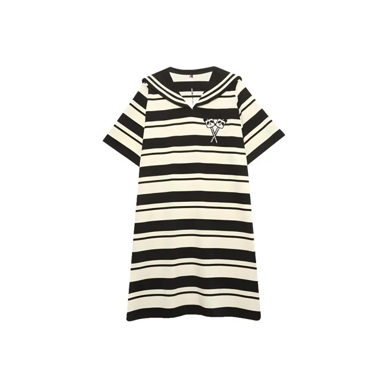 MUGUOGUOMU Short Sleeved Dresses Women's Black White Stripes-0
