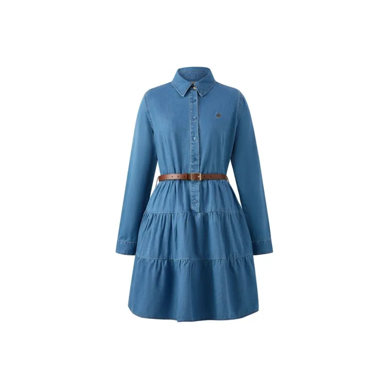 E.land Long-Sleeved Dresses Women's Light Denim Blue-0