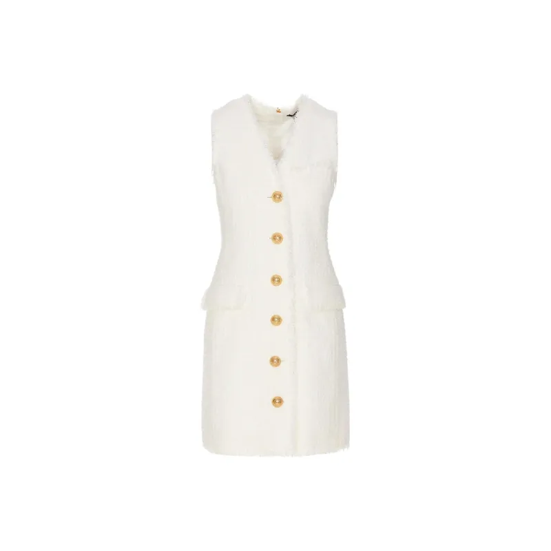 BALMAIN V neck Buttoned Tweed Minidress-0