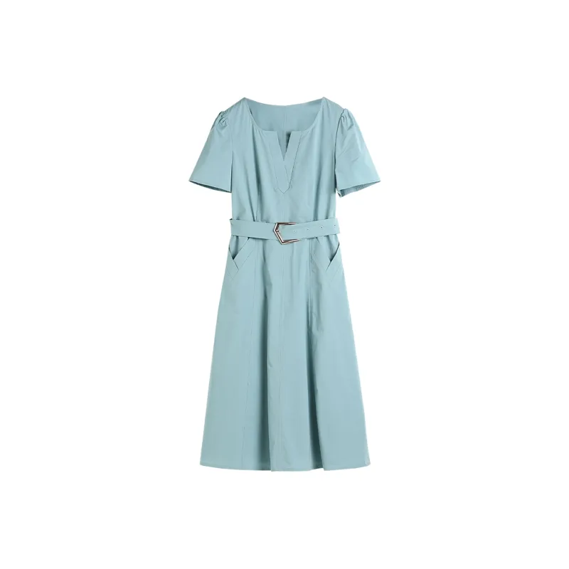 Hang Yi Court Short Sleeved Dress Women's Blue-0