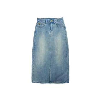 Wen Shan Denim Long Skirts Women's Cream Blue