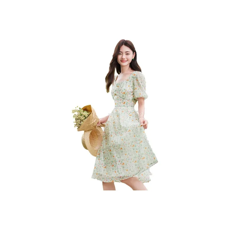 XIANGYING Short Sleeved Dresses Women's Fruit Green-0