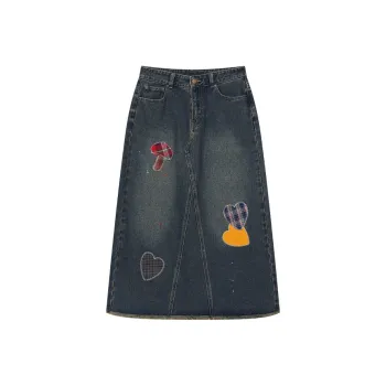 ELF SACK Denim Long Skirt Women's Vintage Blue Gray