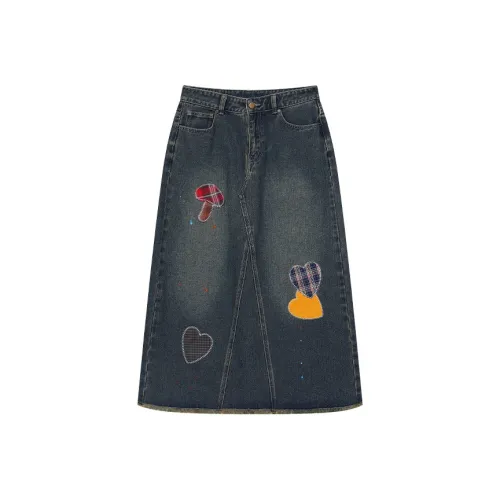 ELF SACK Denim Long Skirt Women's Vintage Blue Gray