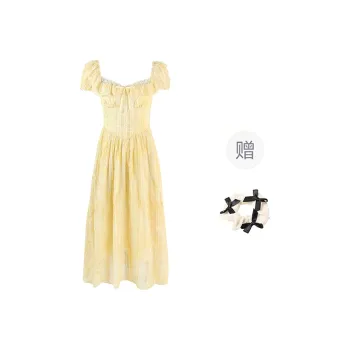 TORIGHT Short Sleeved Dress Women's Yellow+Bowknot Hair Tie Comes With
