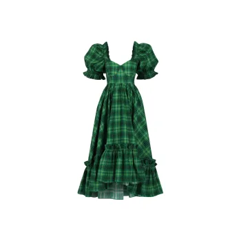 Selkie Collection Short Sleeved Dress Women's Green Checkered Tweed Print