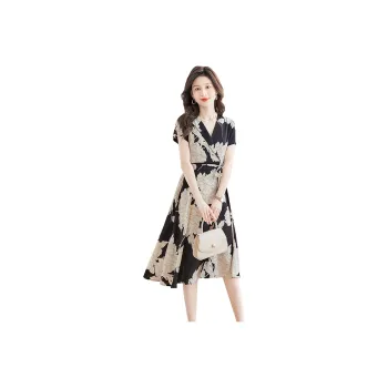 Cypress House Short Sleeved Dresses Women's Black With Beige Floral
