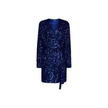 Rotate Sequined Long Sleeved Wrapped Dress