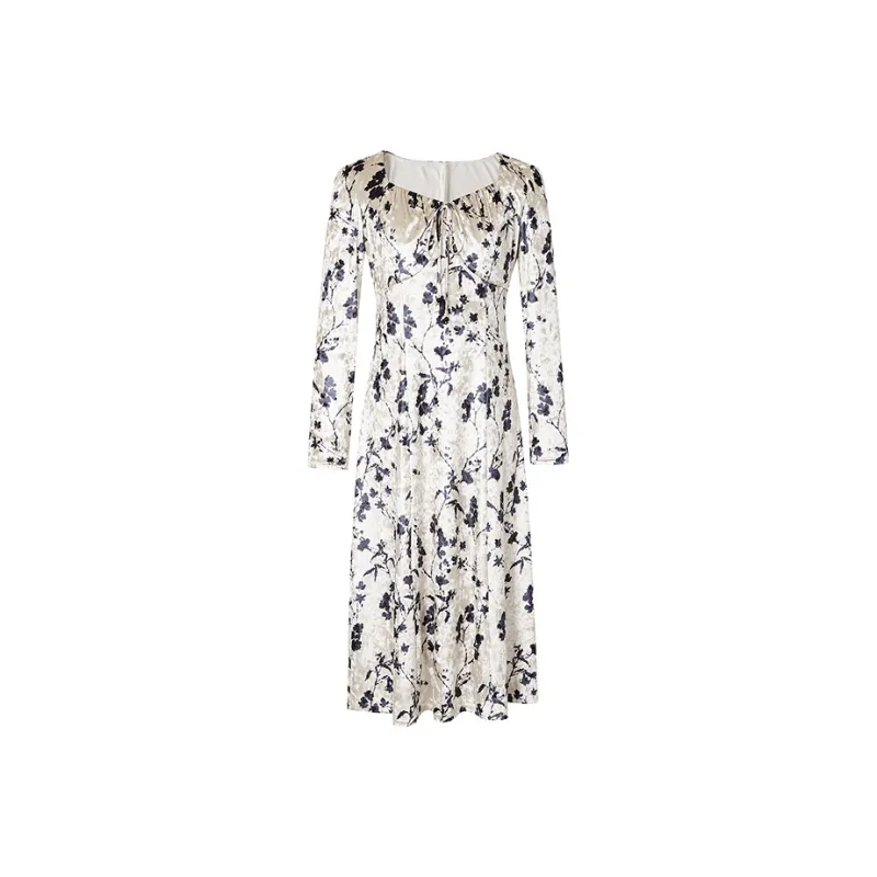 Hopeshow Long Sleeved Dress Women's Beige With Black Floral-0