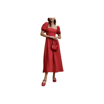 REFORMATION Marella Linen Dress Short-Sleeved Dresses Women's Cherry Color