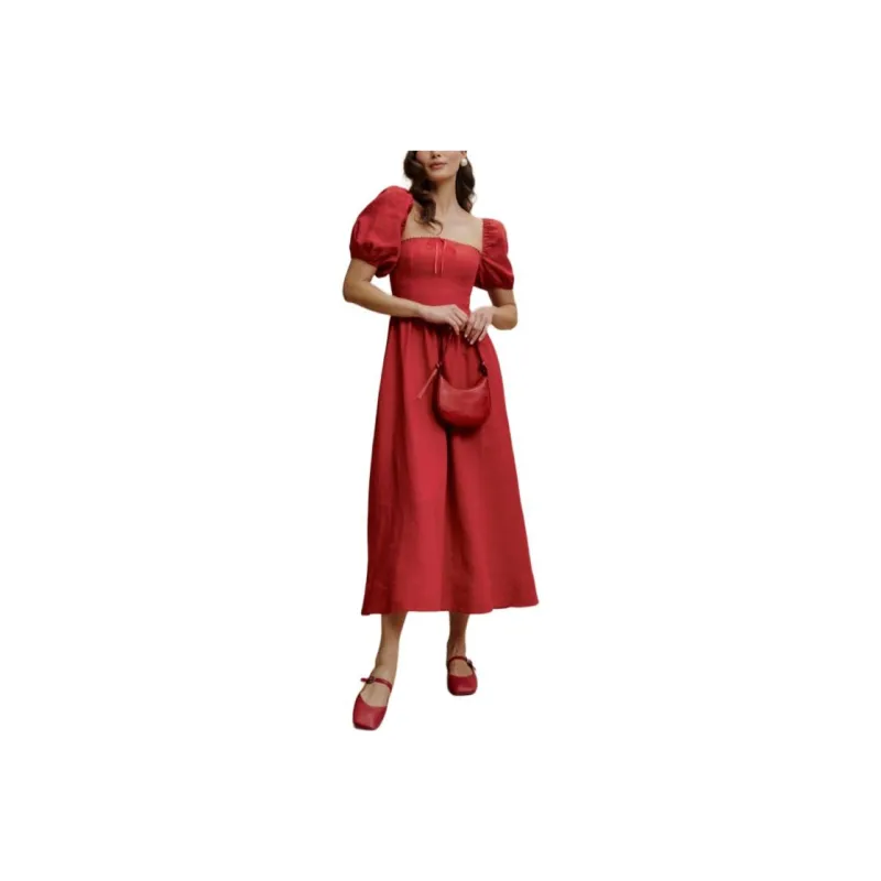 REFORMATION Marella Linen Dress Short-Sleeved Dresses Women's Cherry Color-0