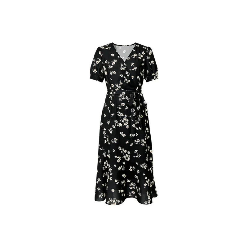 Hopeshow Short Sleeved Dress Women's Black With Floral-0