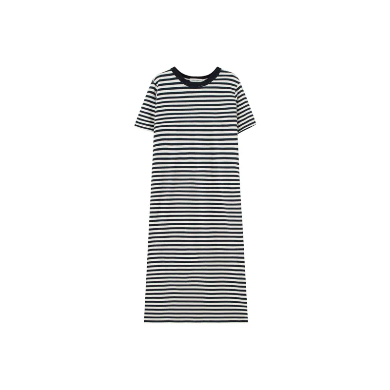 SOON FLOWER Summer Short Sleeved Dress Women's Royal Blue Stripes-0