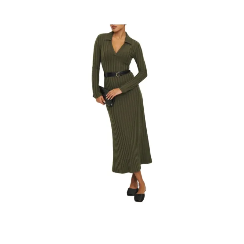 REFORMATION Blaire Knit Dress Long-Sleeved Dresses Women's Dark Olive-0