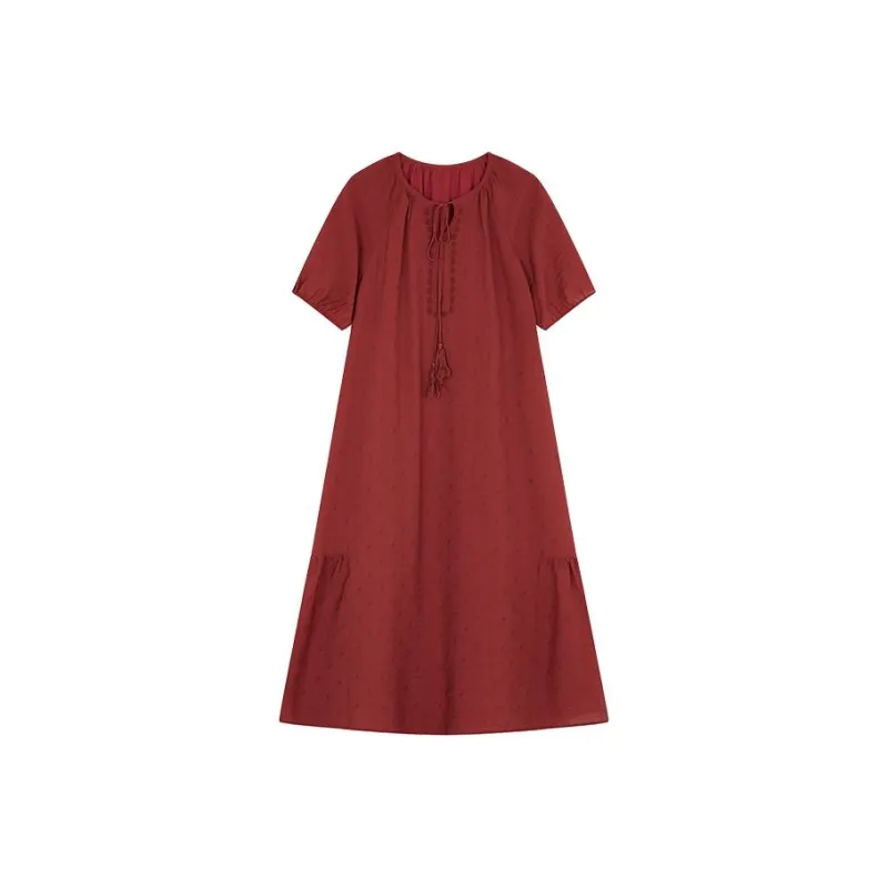Mo Han Yi Mei Short Sleeved Dress Women's Dark Red-0