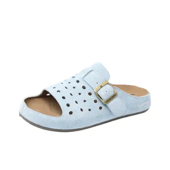 SUPEREDGE Leather Patchwork Quiet Abrasion Resistant Slide Slippers Women's Light Gray Blue