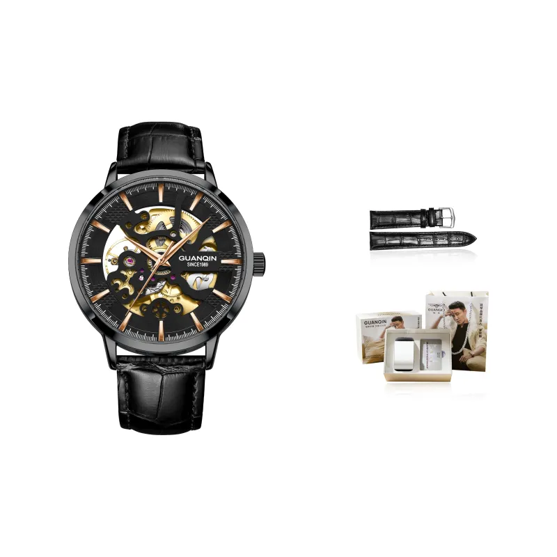 GUANQIN Brogues Collection Automatic Mechanical Movement Leather Strap Watch Men's Watches Black Dial-0