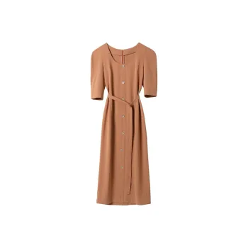 Roselingling Short Sleeved Dress Women's Red Tea Brown